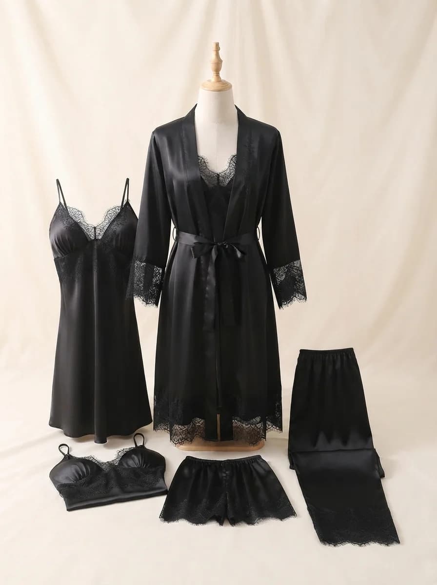 5 Piece Silky Nighty Set with Lace Trim in Black