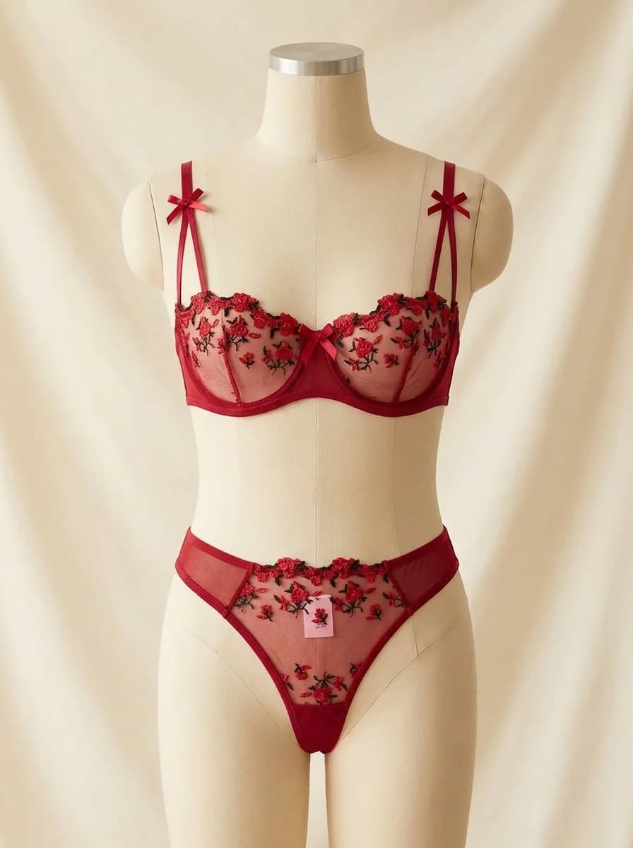 Blossom Embroidered Non-Padded Wired Bra and Panty Set in Red