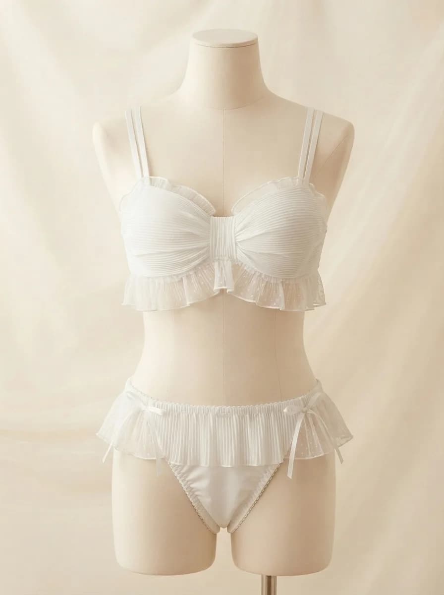Bow and Lace Padded Push-Up Bra Set in White
