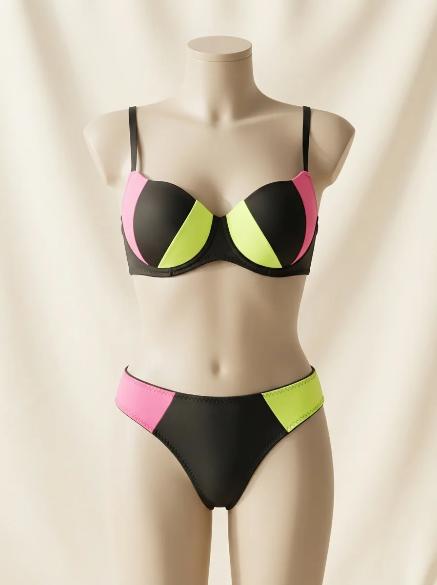 Colour-Block Padded Push-Up Bra Set in Black