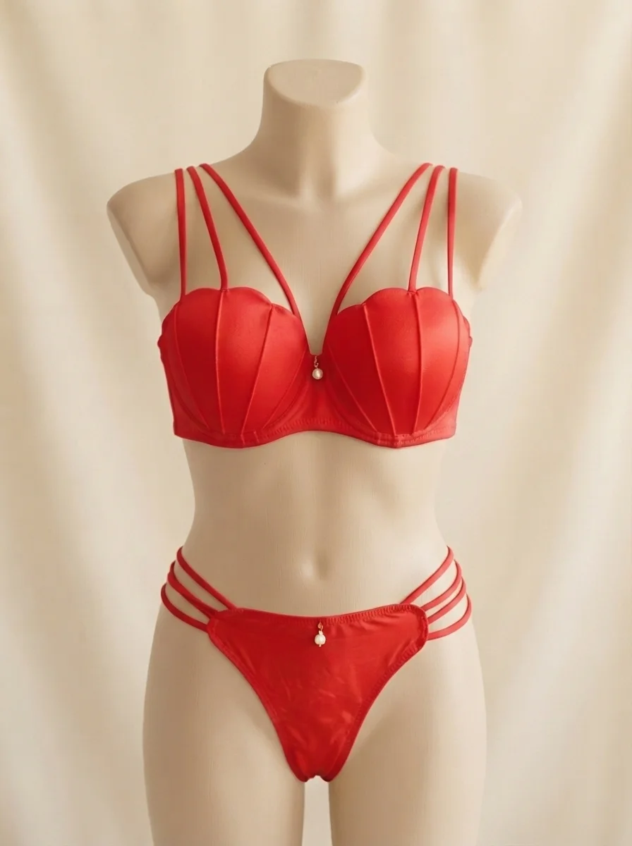 Cross Strap Neckline Padded Push-Up Bra Set in Red
