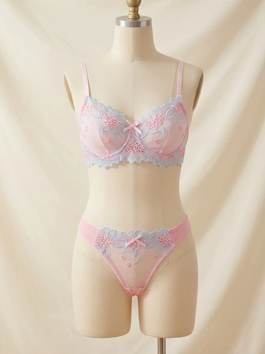 Crystal Mesh and Lace Bra Set in Pink