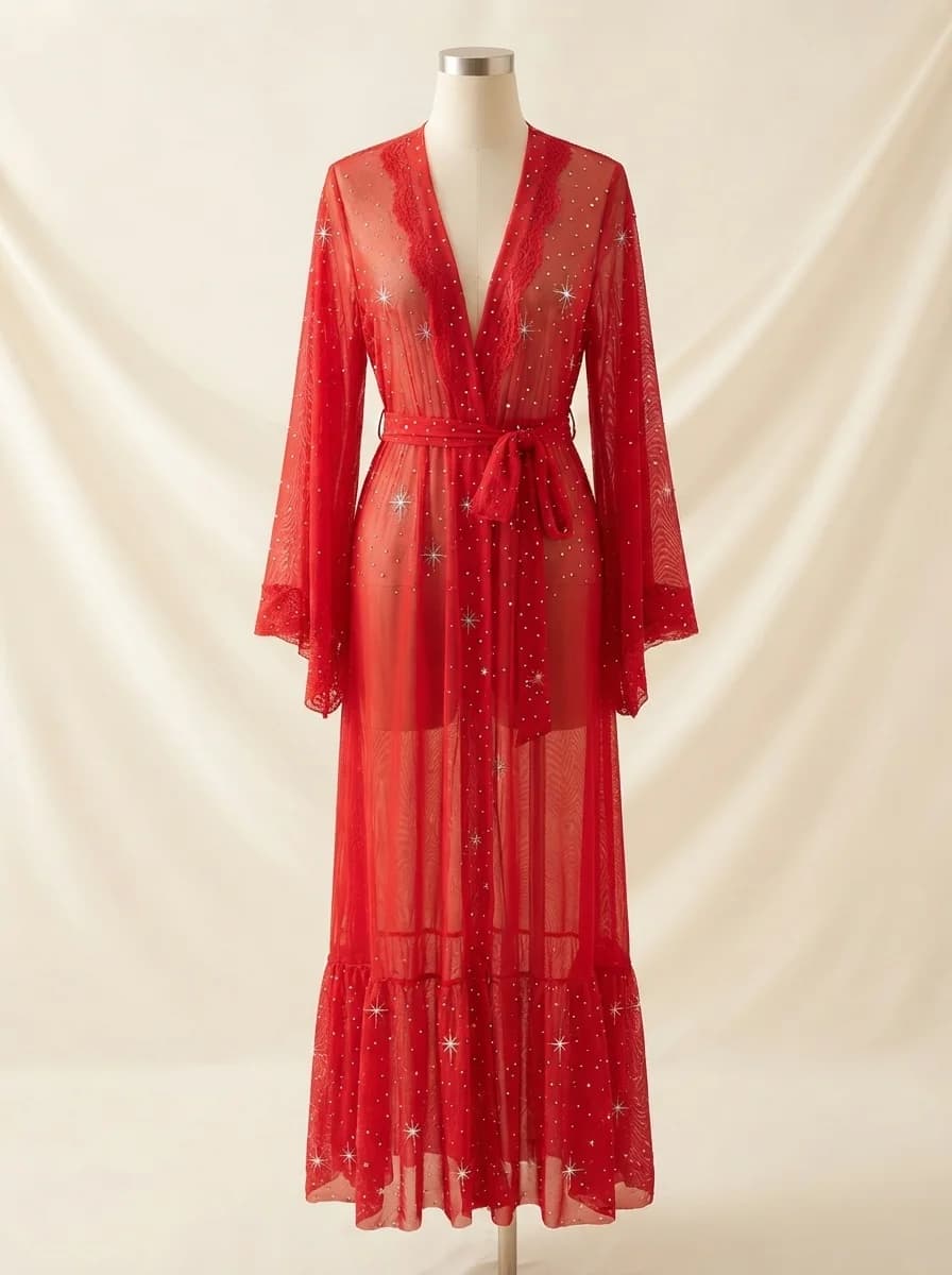 Dreamy 3 Piece Nightwear Set in Red and Black in Red
