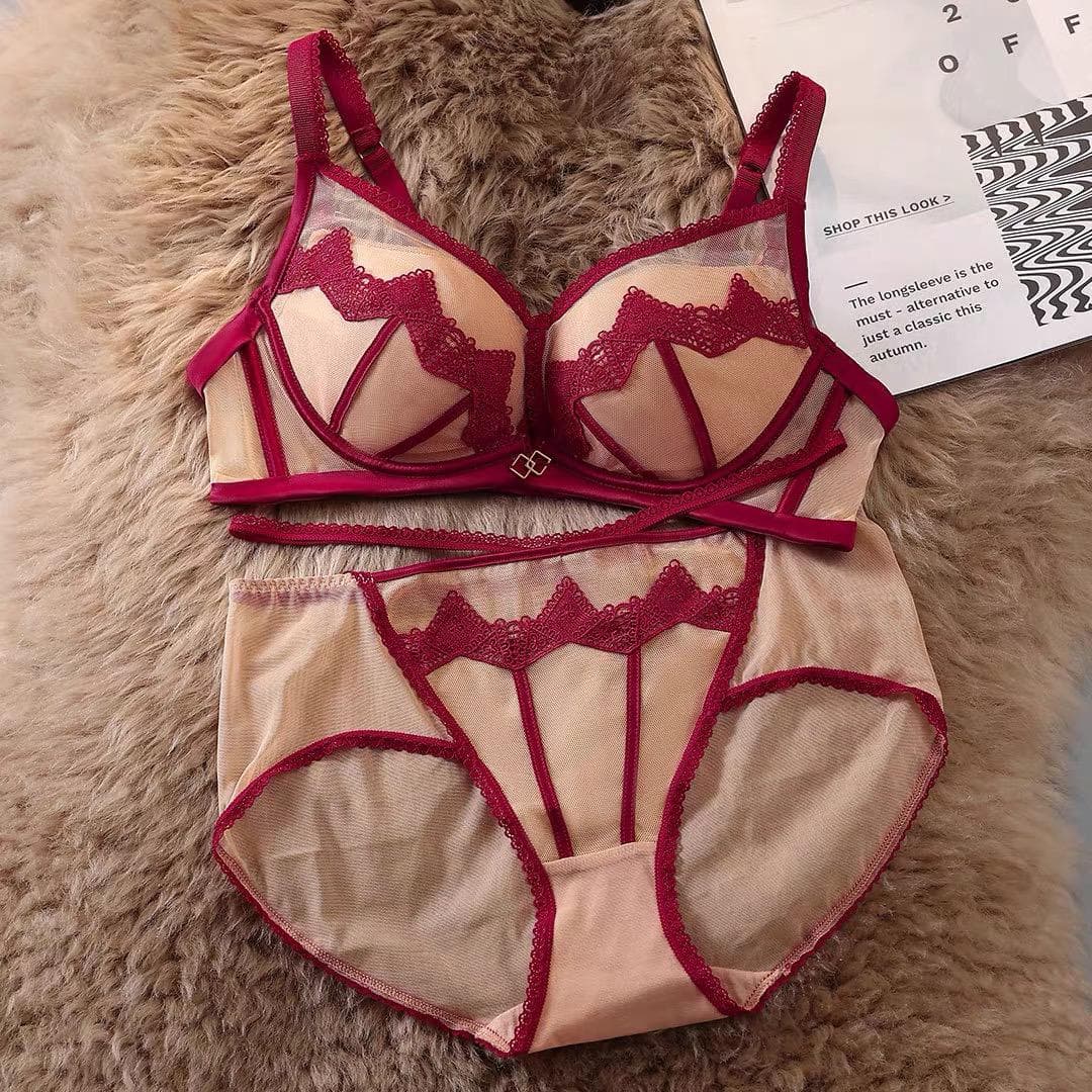 Embroidered Padded Push-Up Bra Set in Maroon