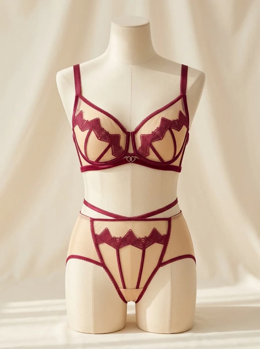 Embroidered Padded Push-Up Bra Set in Maroon