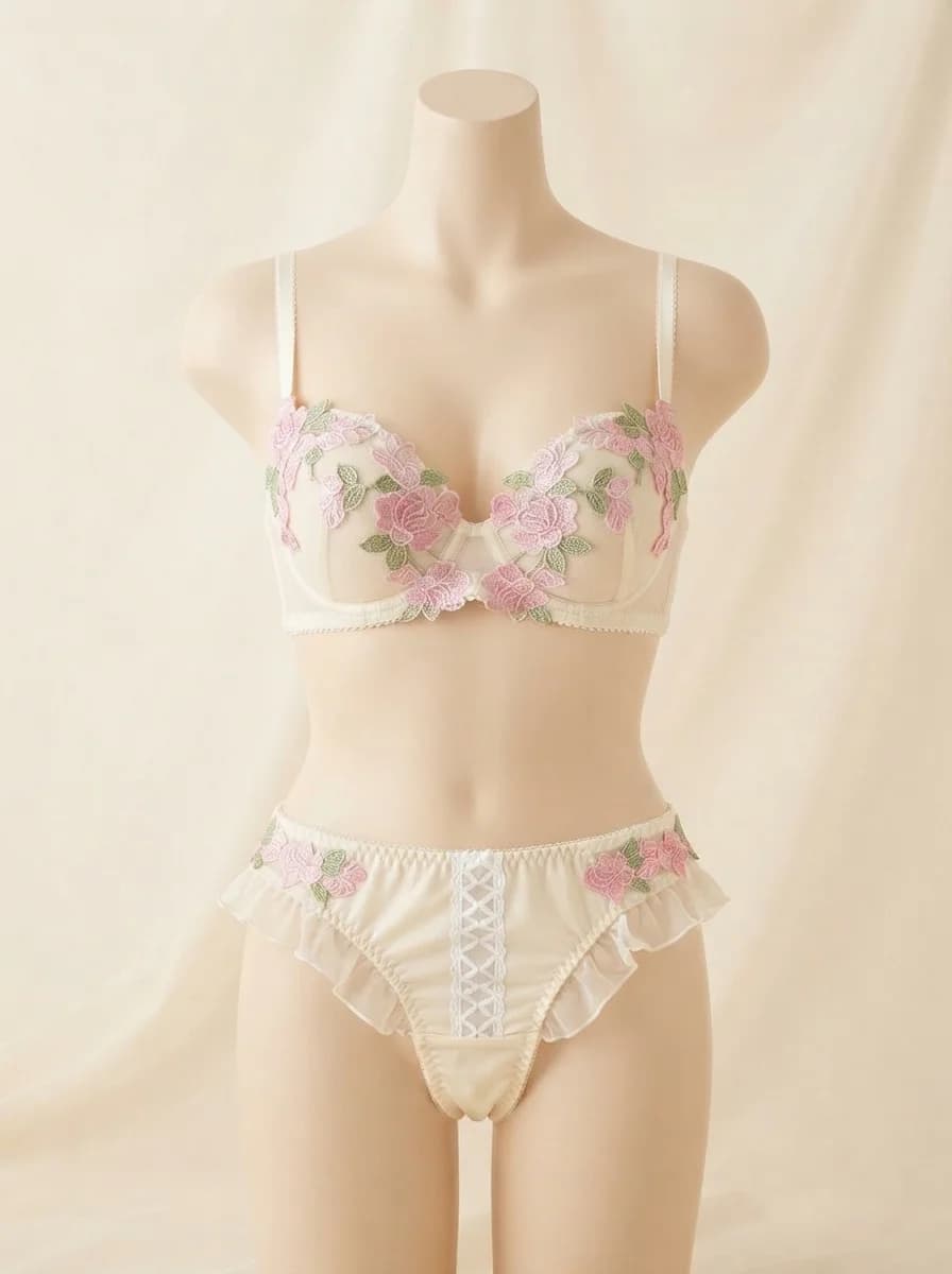 Floral Lace Padded Push-Up Bra and Panty Set in Off White