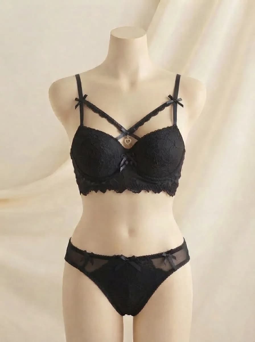 Front Cross Heart Padded Push-Up Bra and Panty Set in Black