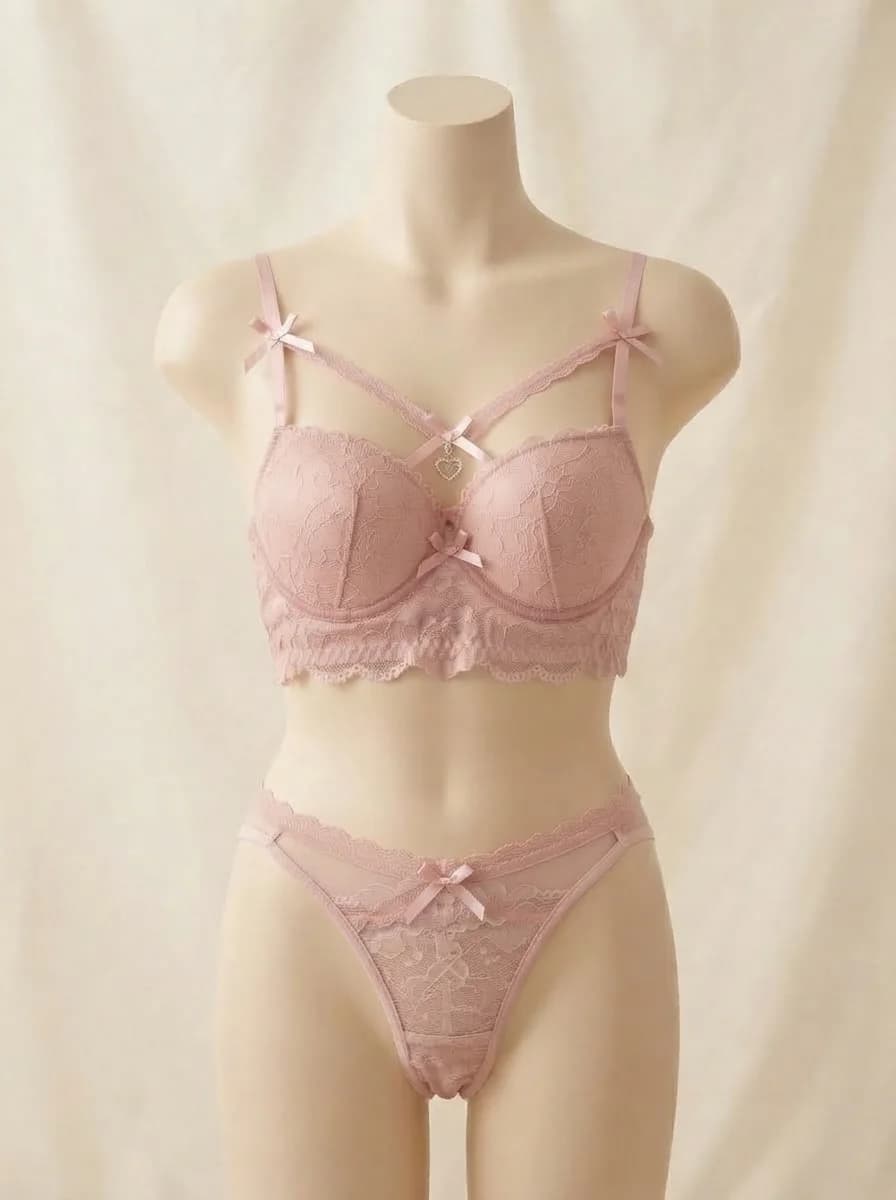 Front Cross Heart Padded Push-Up Bra and Panty Set in Pink