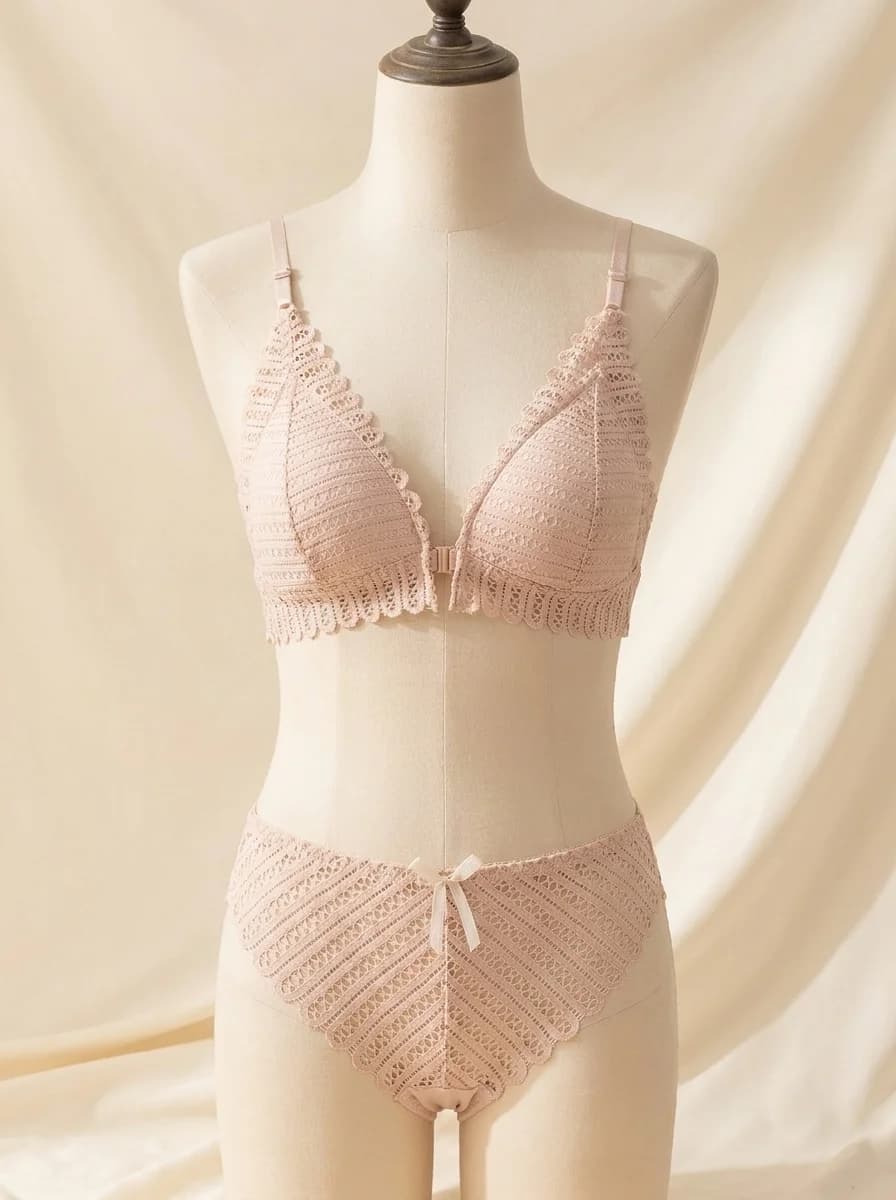 Front Open French Triangle Cup Padded Bra Set in Skin