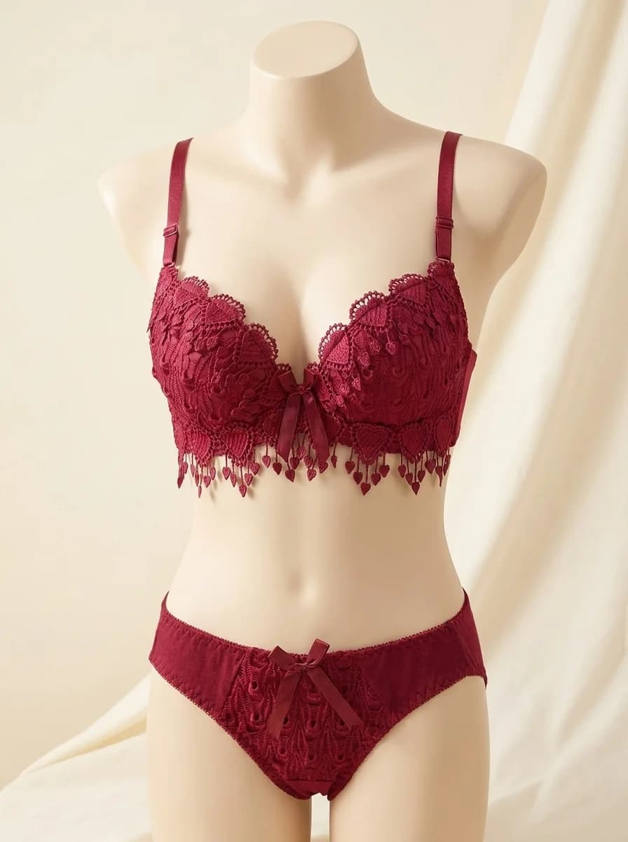 Heart Embroidered Double Padded Push-Up Bra Set in Maroon