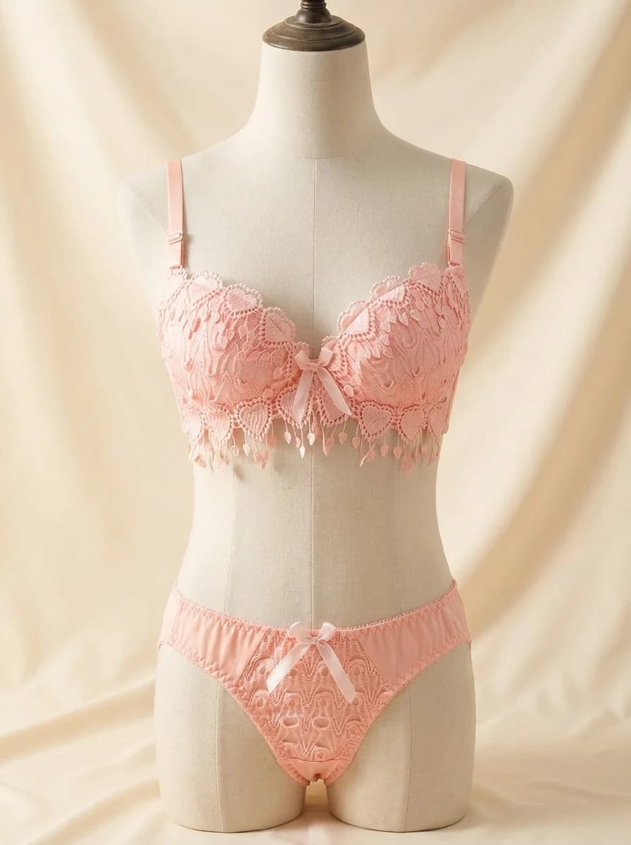 Heart Embroidered Double Padded Push-Up Bra Set in Pink