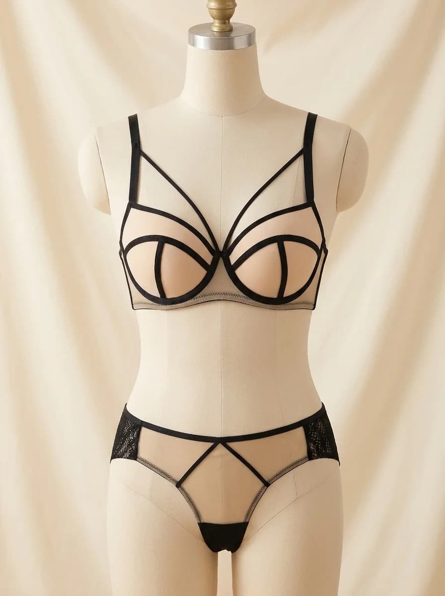 Hollow Lace Strap-Tie Bra Set Non-Padded in Black