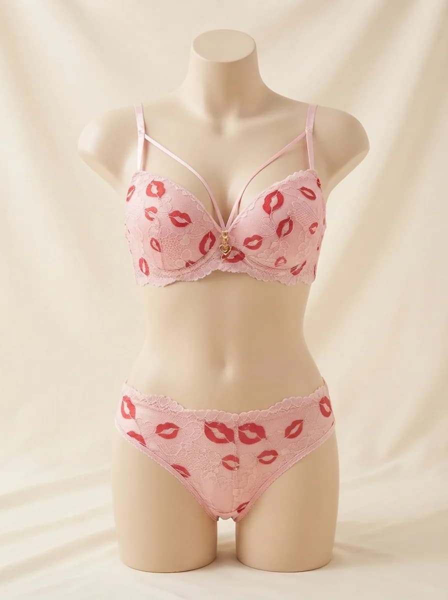 Kiss Print Padded Push-Up Bra and Panty Set in Pink
