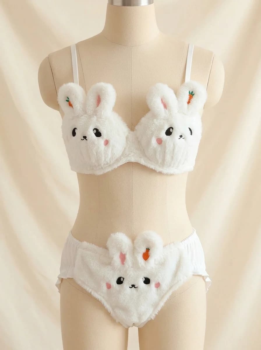 Kitty Print Push-Up Bra Set for All Seasons in White