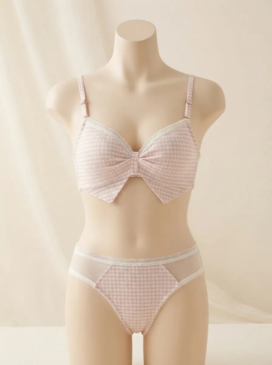 Lattice Bow Wire-Free Half Cup Bra Set in Pink