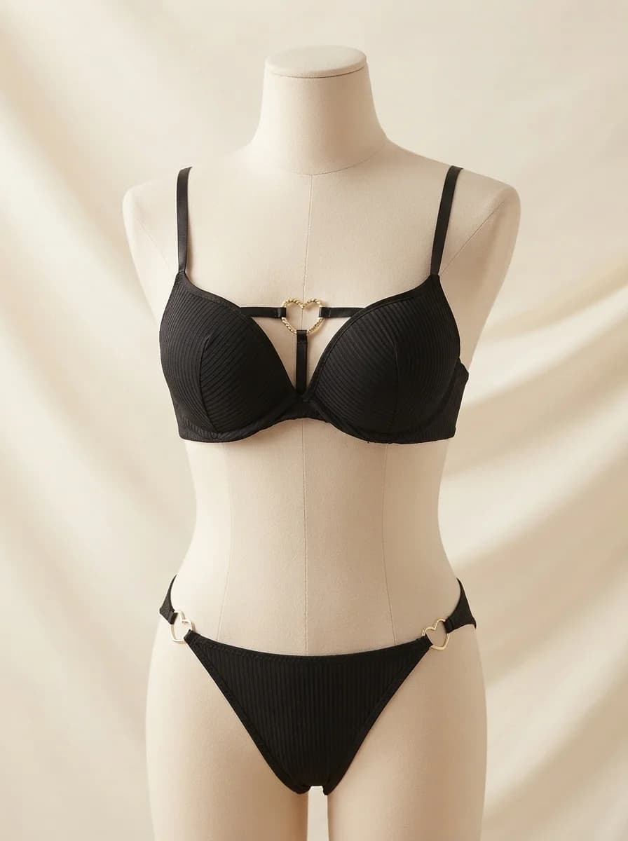 Love Ring Padded Push-Up Bra and Panty Set in Black