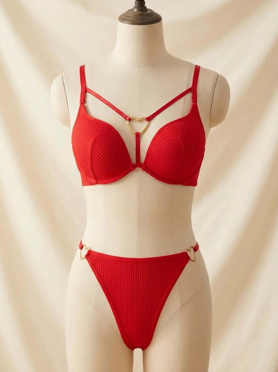 Love Ring Padded Push-Up Bra and Panty Set in Red