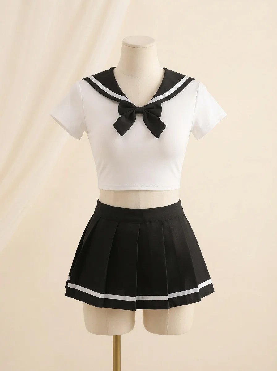 Playful Mini Skirt Two Piece Costume Set in Black