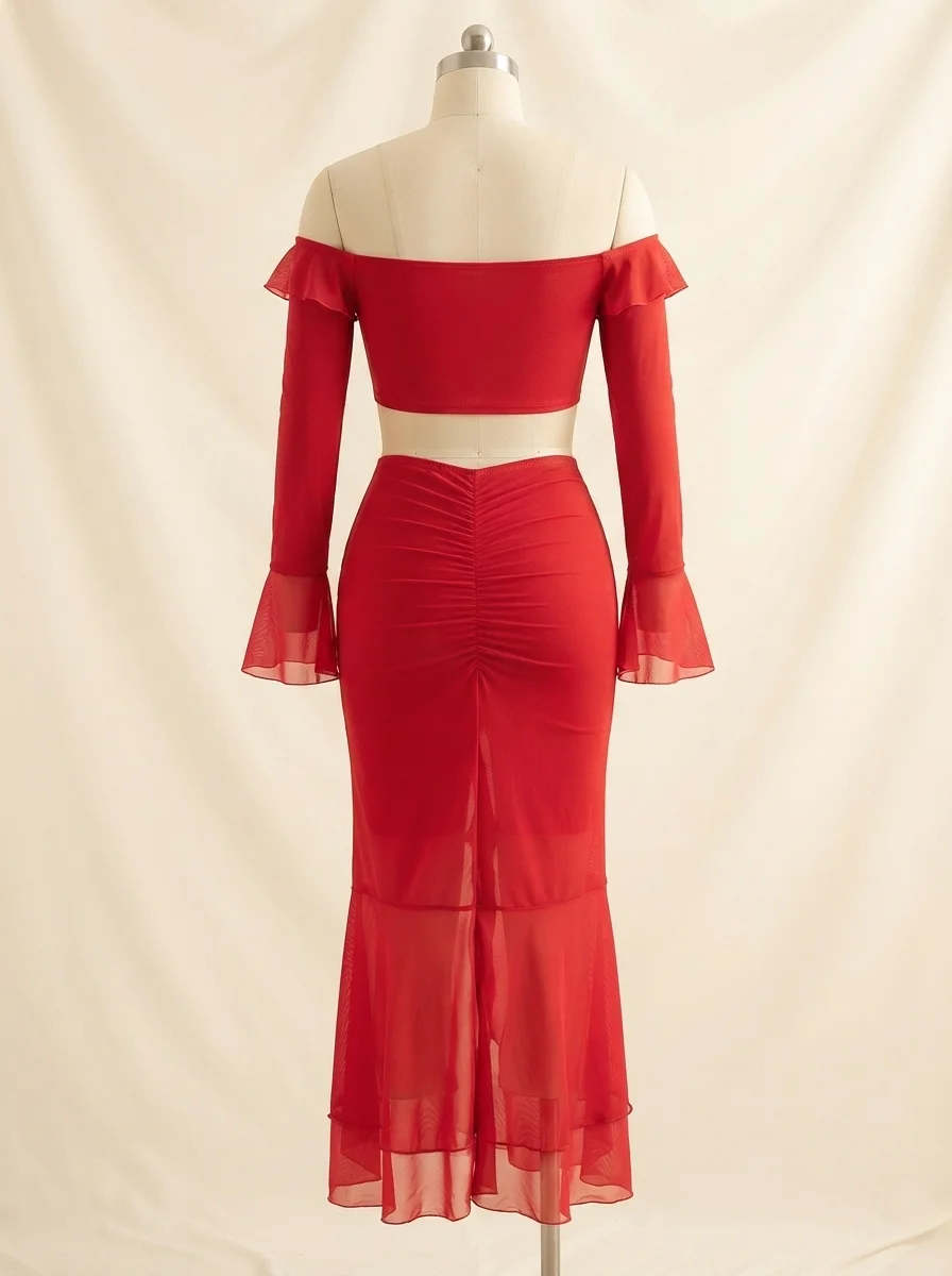 Red Off-Shoulder Ruffle Top and Slit Skirt 3 Piece Set
