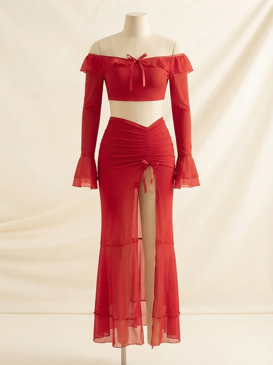 Red Off-Shoulder Ruffle Top and Slit Skirt 3 Piece Set