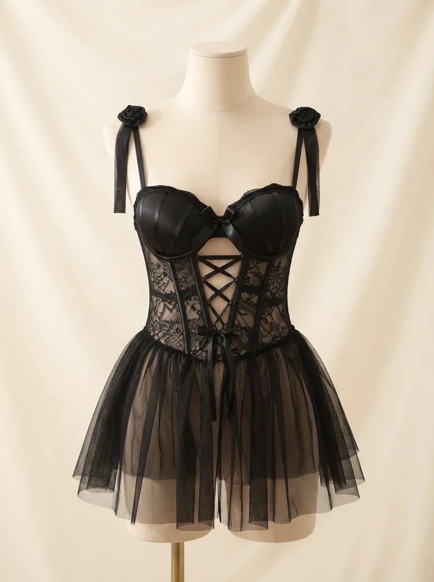 Scarlet Bloom Lace Nightdress in Black