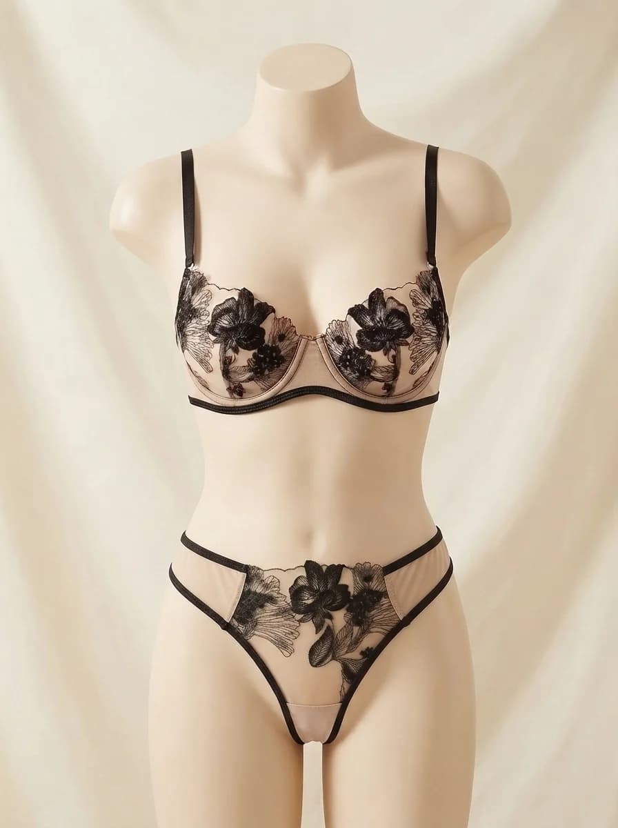 Soft Mesh Floral Lace Embroidered Bra and Panty Set in Black