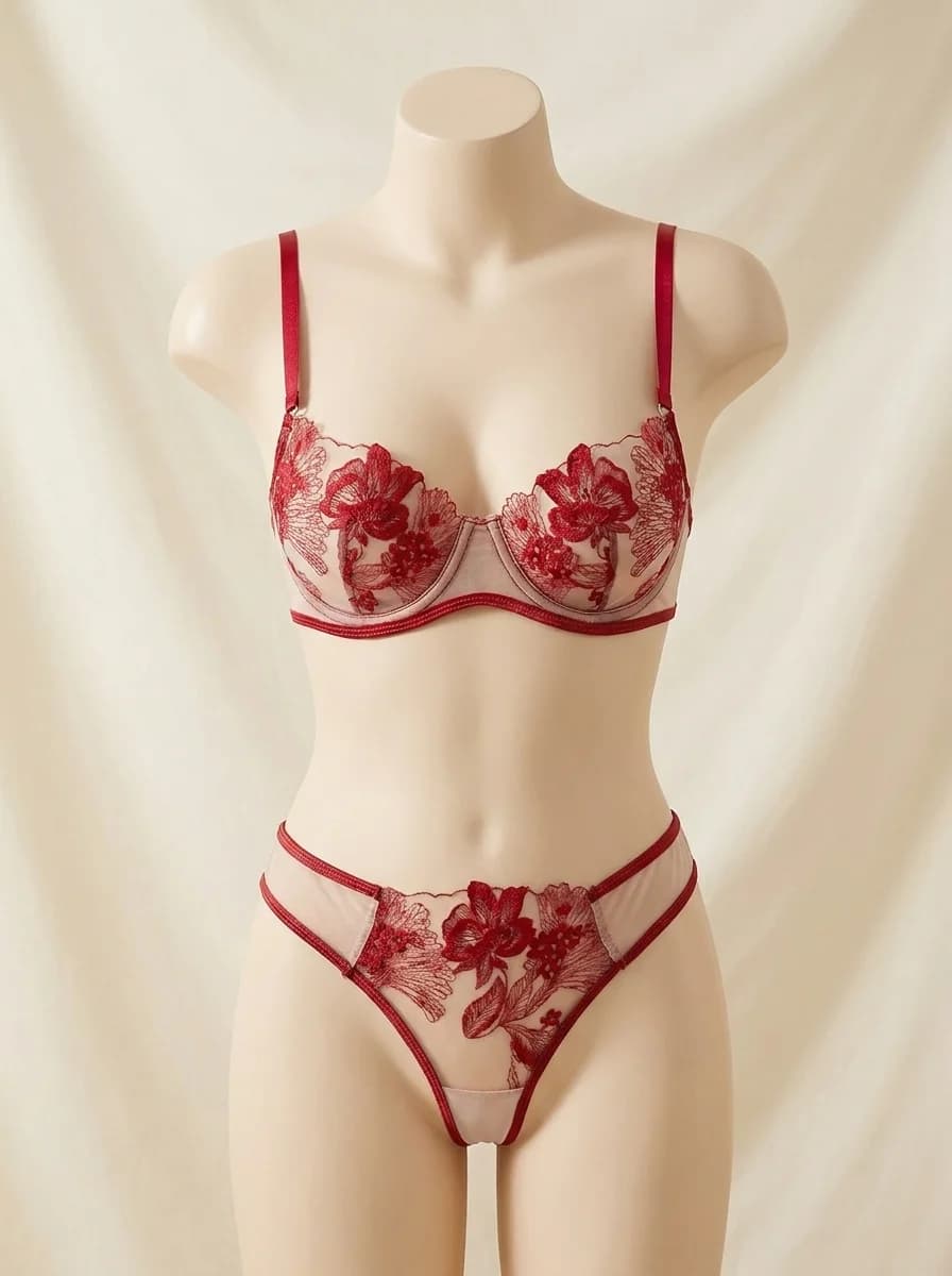 Soft Mesh Floral Lace Embroidered Bra and Panty Set in Maroon