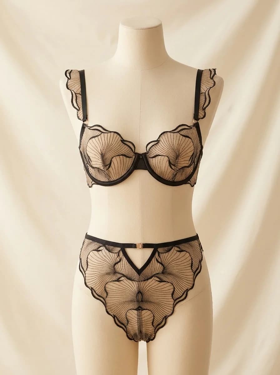 Soft Mesh Floral Lace Non-Padded Wired Bra Set in Black