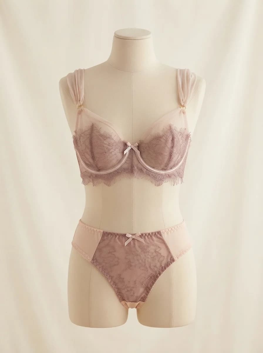 Ultra-Thin Lace Wired Bra Set, Non-Padded in Pink