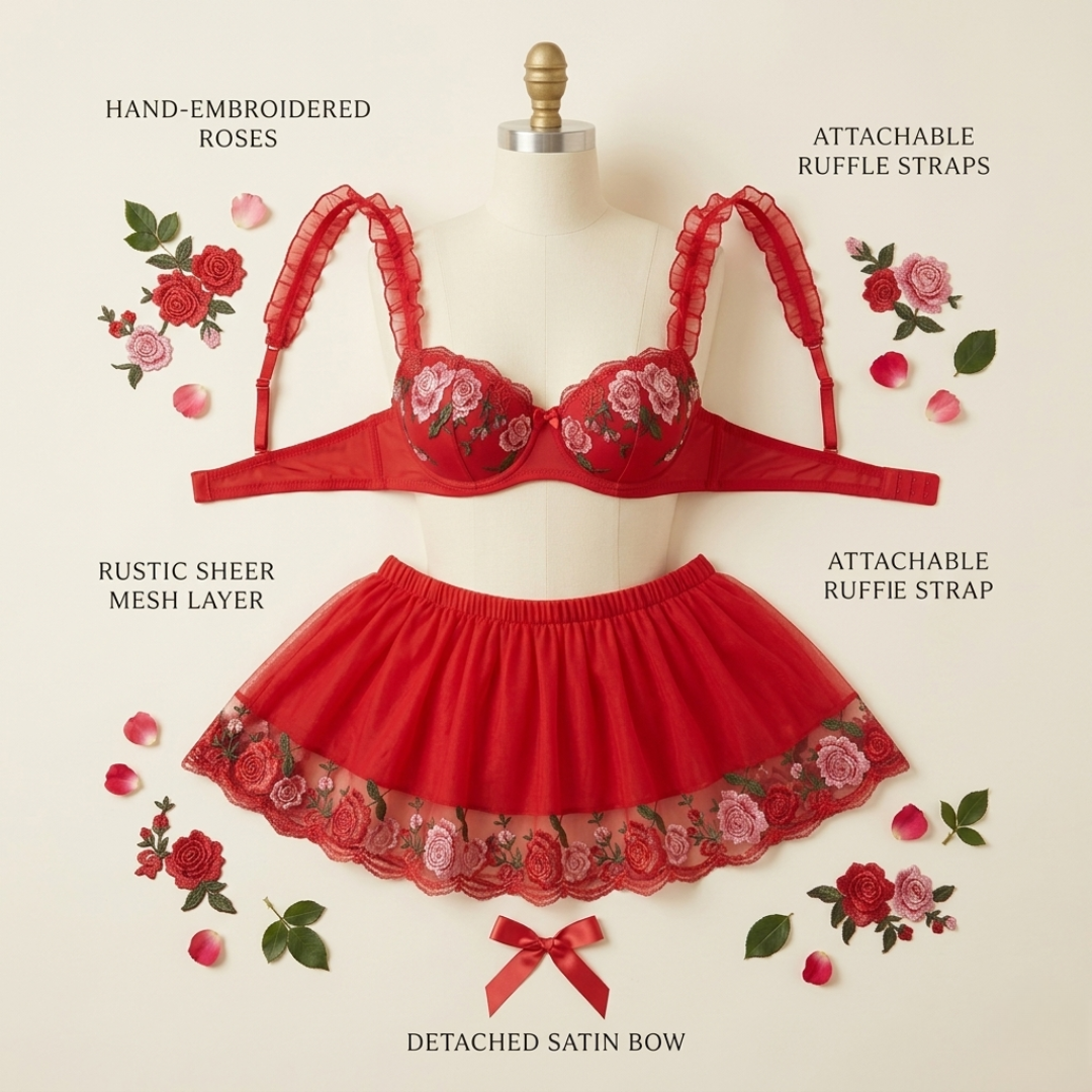 Scarlet Bloom Embroidered Lingerie Skirt Set