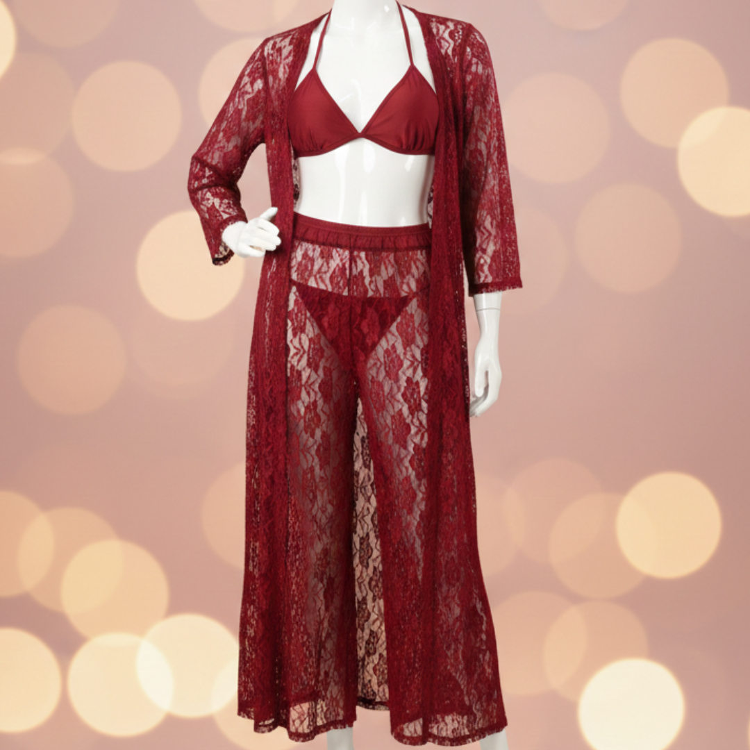 Crimson Veil Luxury Lace Nightwear Set