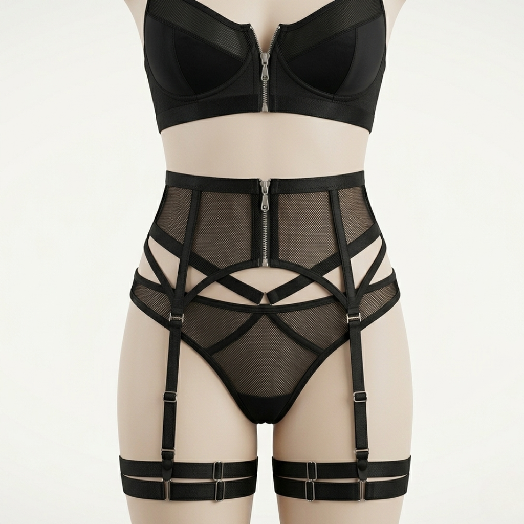 Front Zip Garter Lingerie Cosplay Set