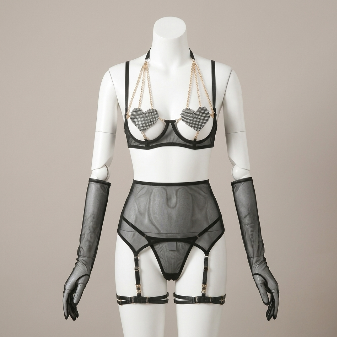 Rhinestone Heart Mesh Lingerie Set