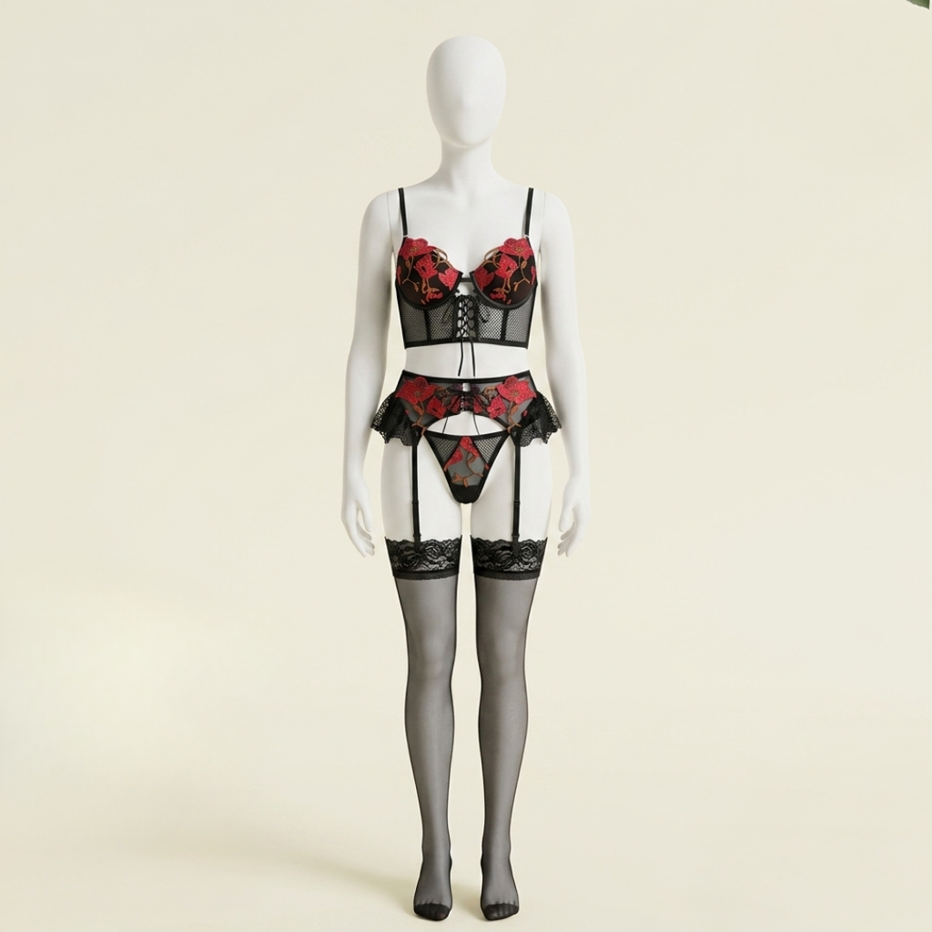 Crimson Noir Embroidered Corset Lingerie Set