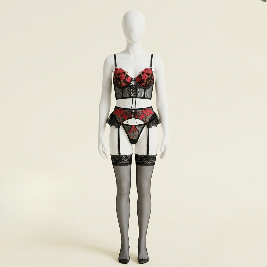Crimson Noir Embroidered Corset Lingerie Set