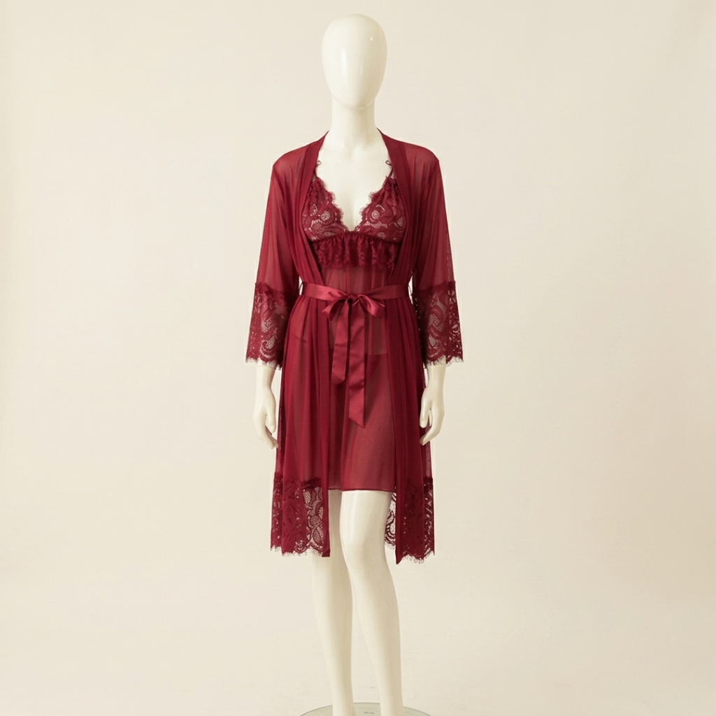 Crimson Whisper Three-Piece Nightwear Set