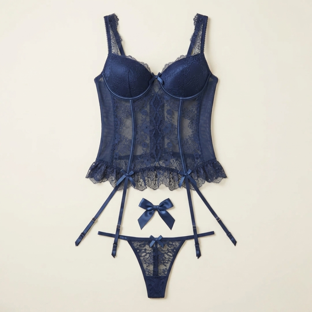 Midnight Veil Lace Corset Nighty Set