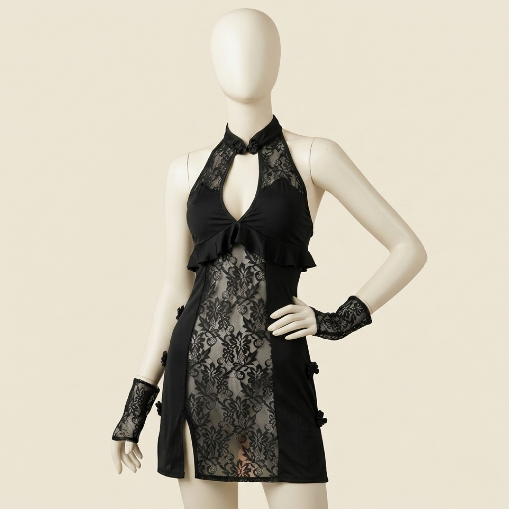 Midnight Lace Halter Mesh Nightdress