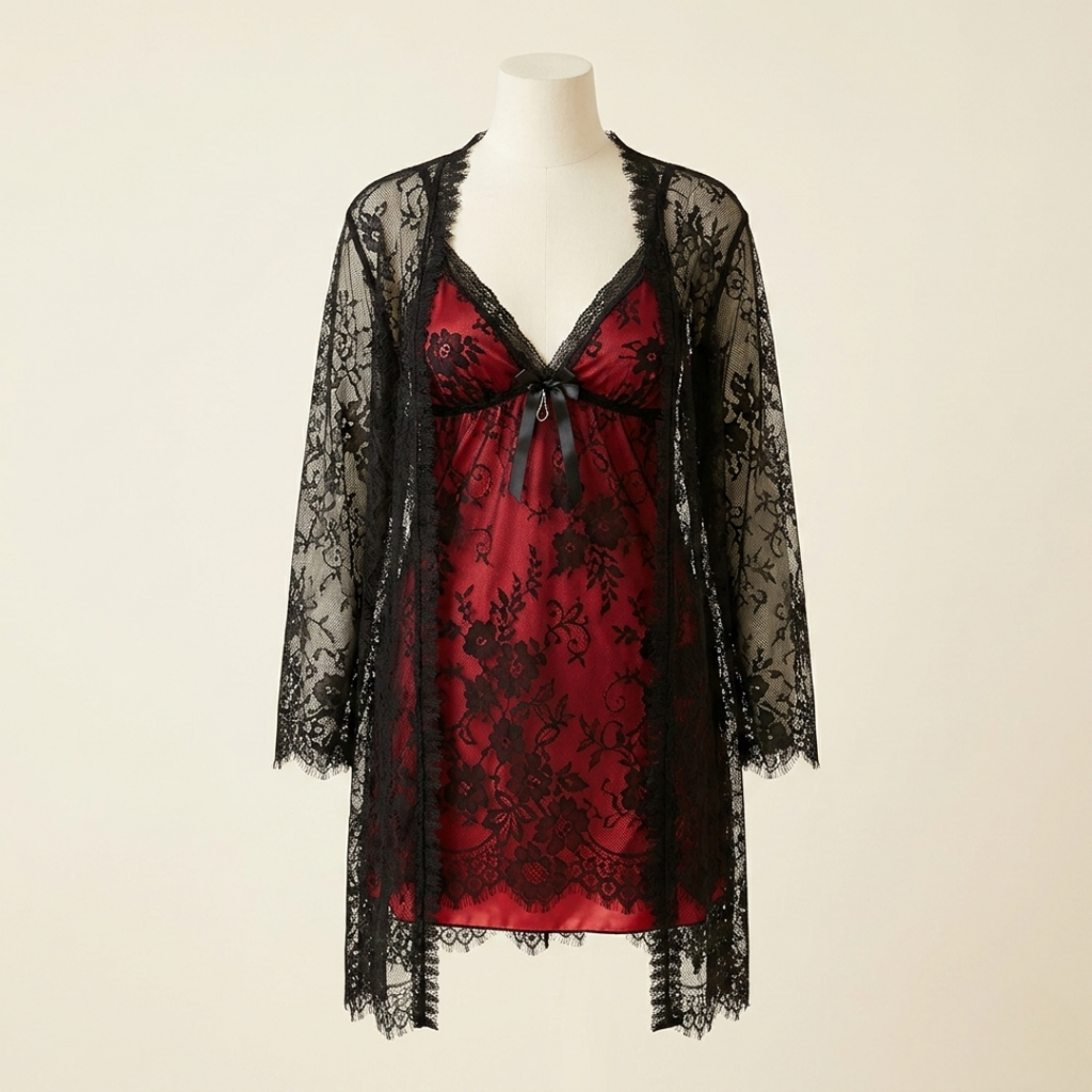 Midnight Ruby Lace Double Gown Nightwear Set