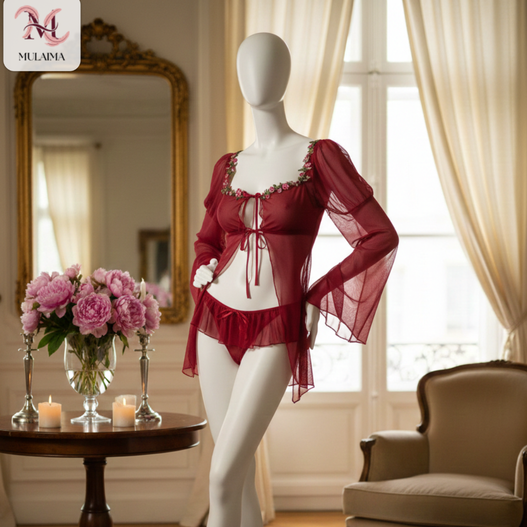 Veloura Bloom Mesh Lingerie Set – Wine Red