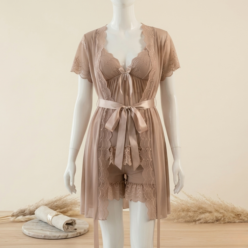 Blush Veil Lace Robe Nightwear Set
