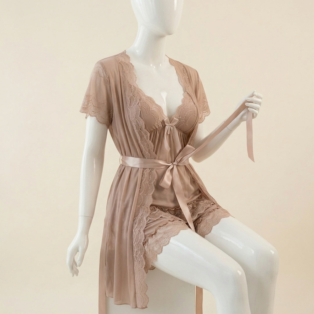 Blush Veil Lace Robe Nightwear Set