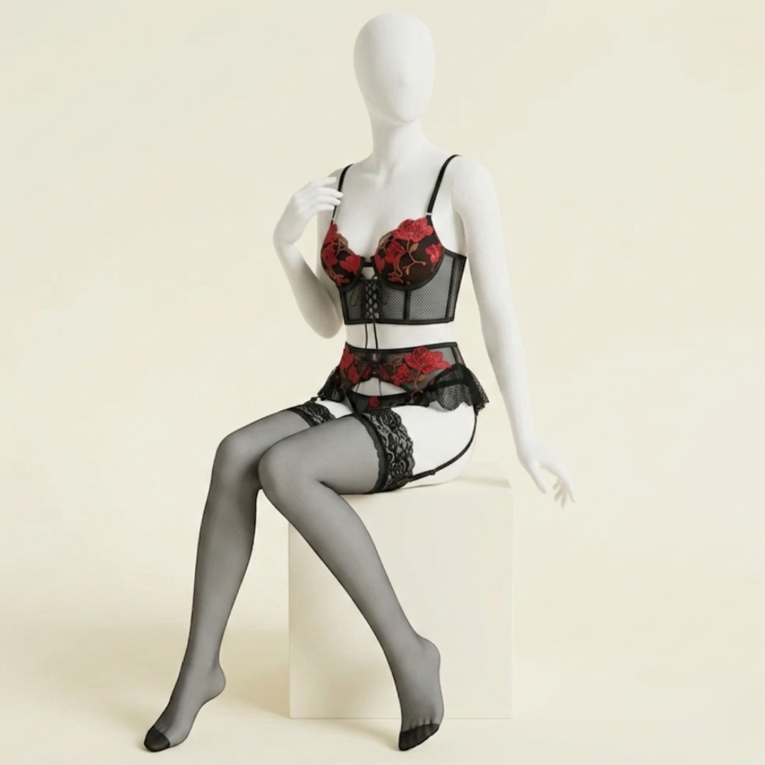Crimson Noir Embroidered Corset Lingerie Set