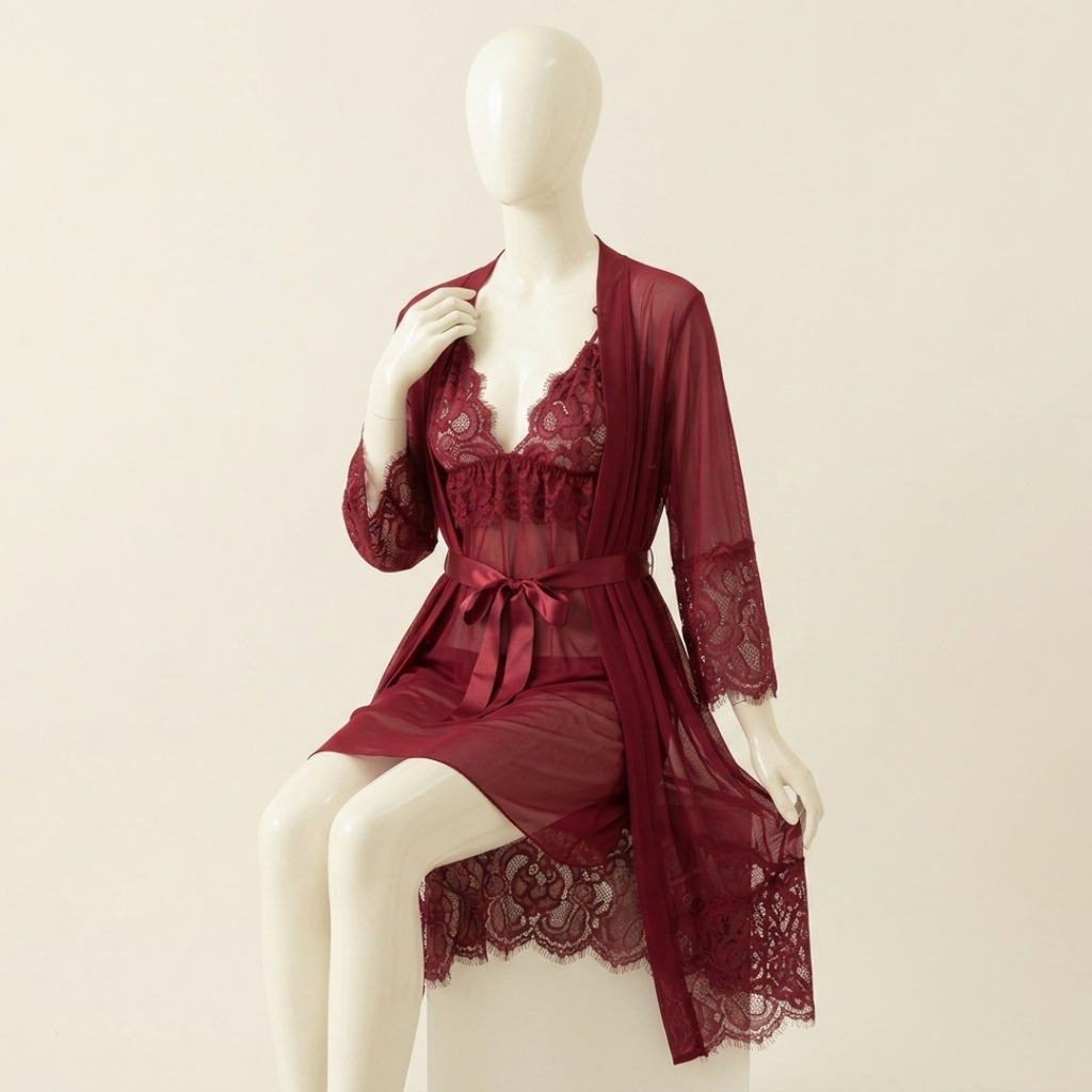 Crimson Whisper Three-Piece Nightwear Set