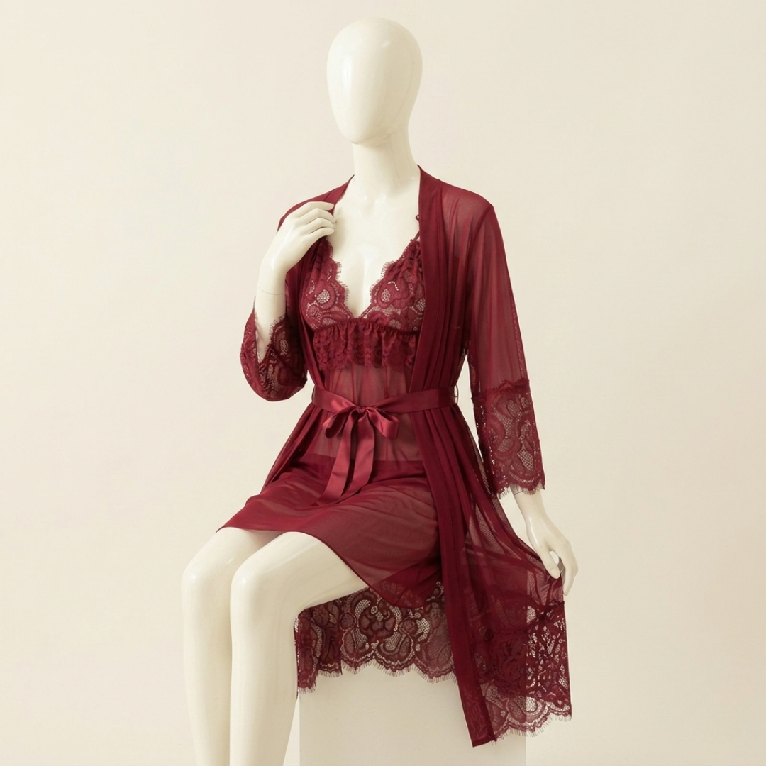 Crimson Whisper Three-Piece Nightwear Set