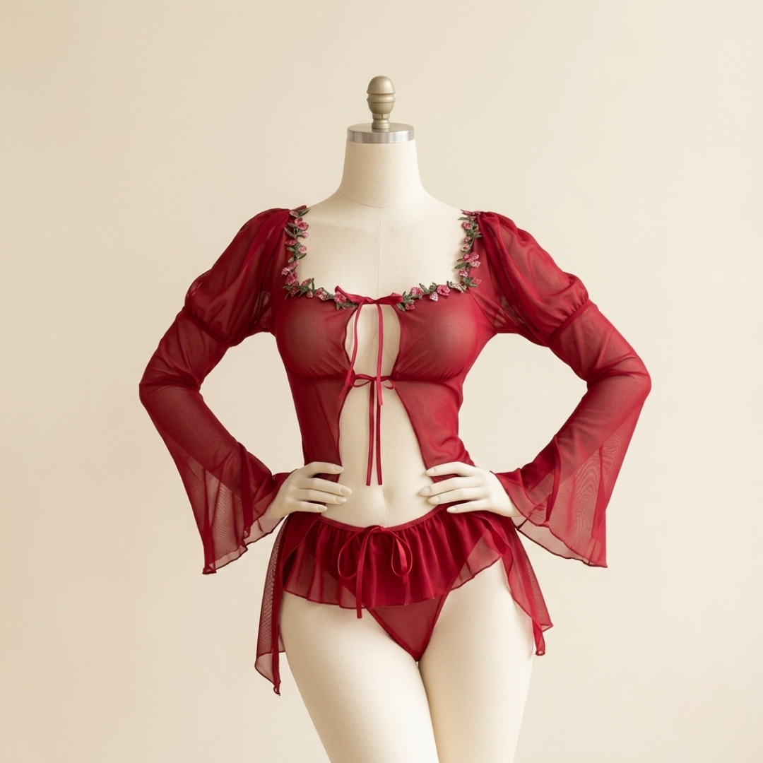 Veloura Bloom Mesh Lingerie Set – Wine Red