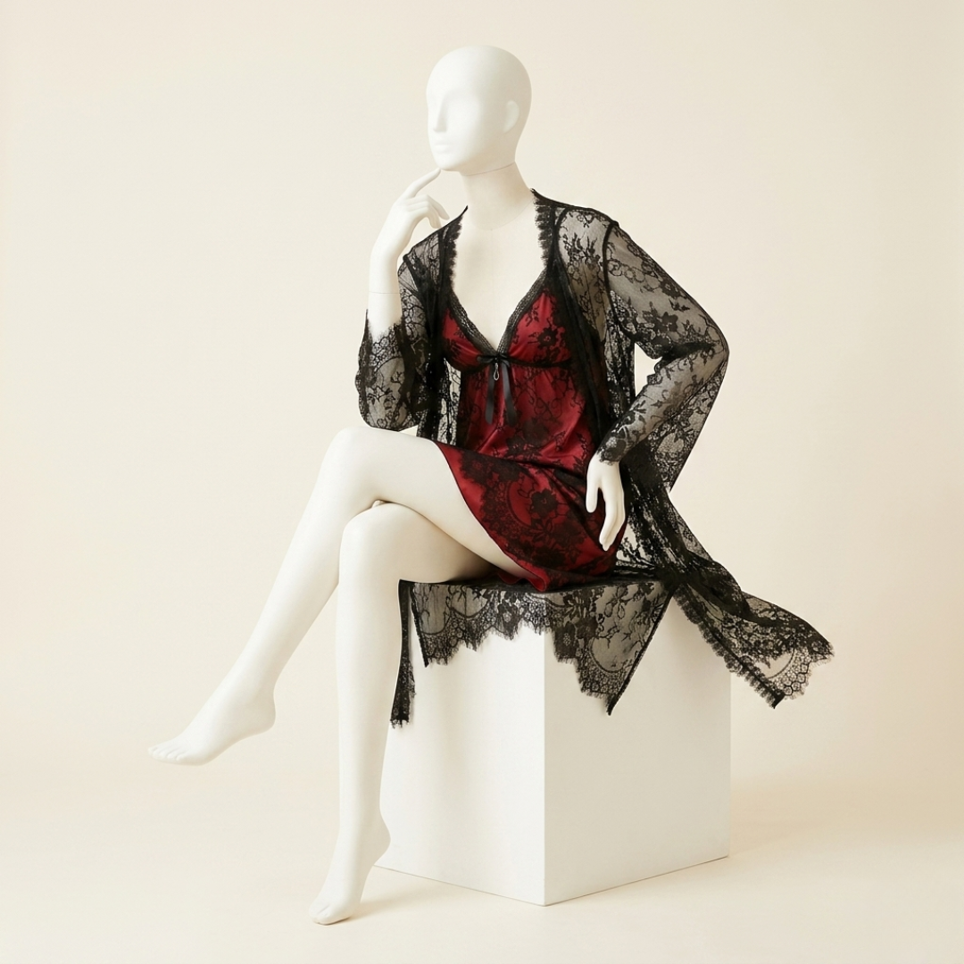 Midnight Ruby Lace Double Gown Nightwear Set
