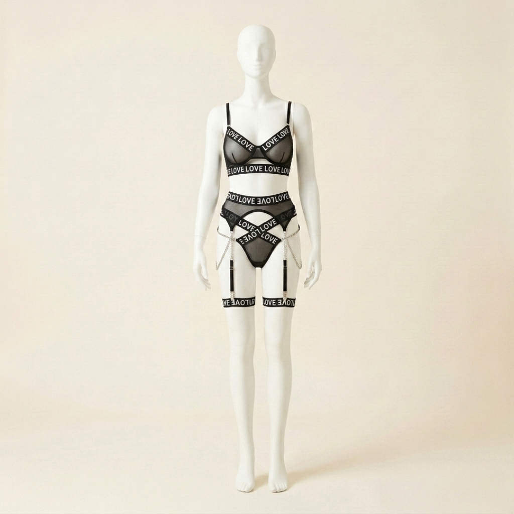 Letter Print Chain Garter Lingerie Set