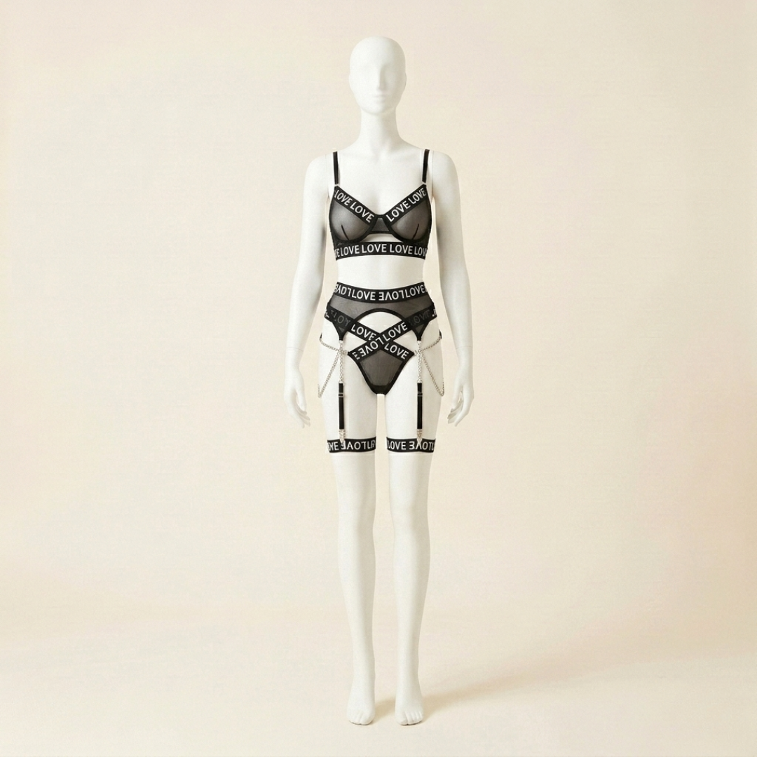 Letter Print Chain Garter Lingerie Set