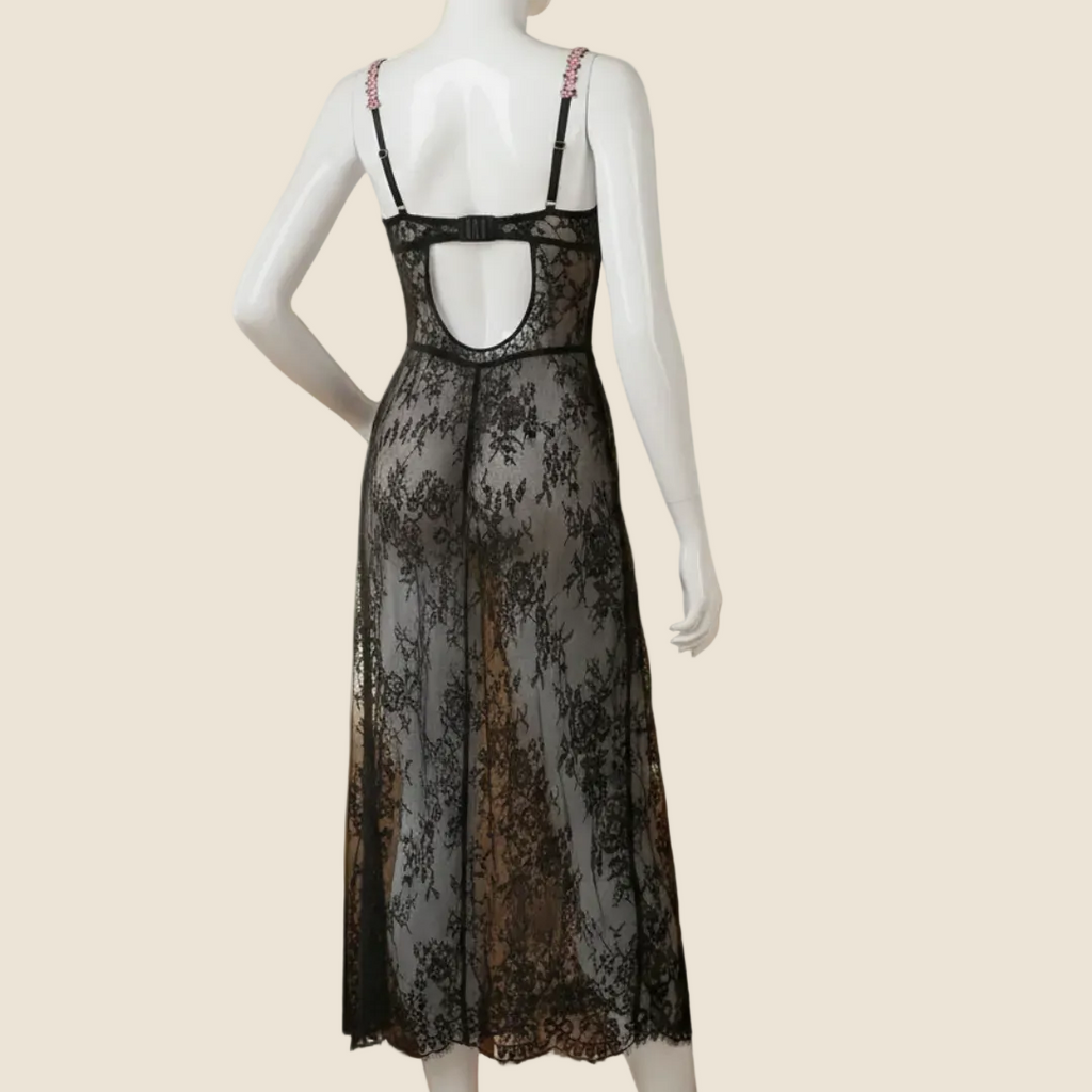 Noir Petale Lace Nightdress Set – Black Sheer Elegance